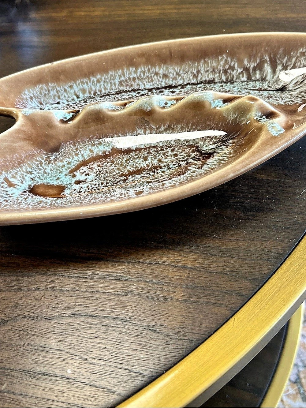 Ceramic ashtray, Mid-Century Modern boomerang/kidney shape with brown drip glaze